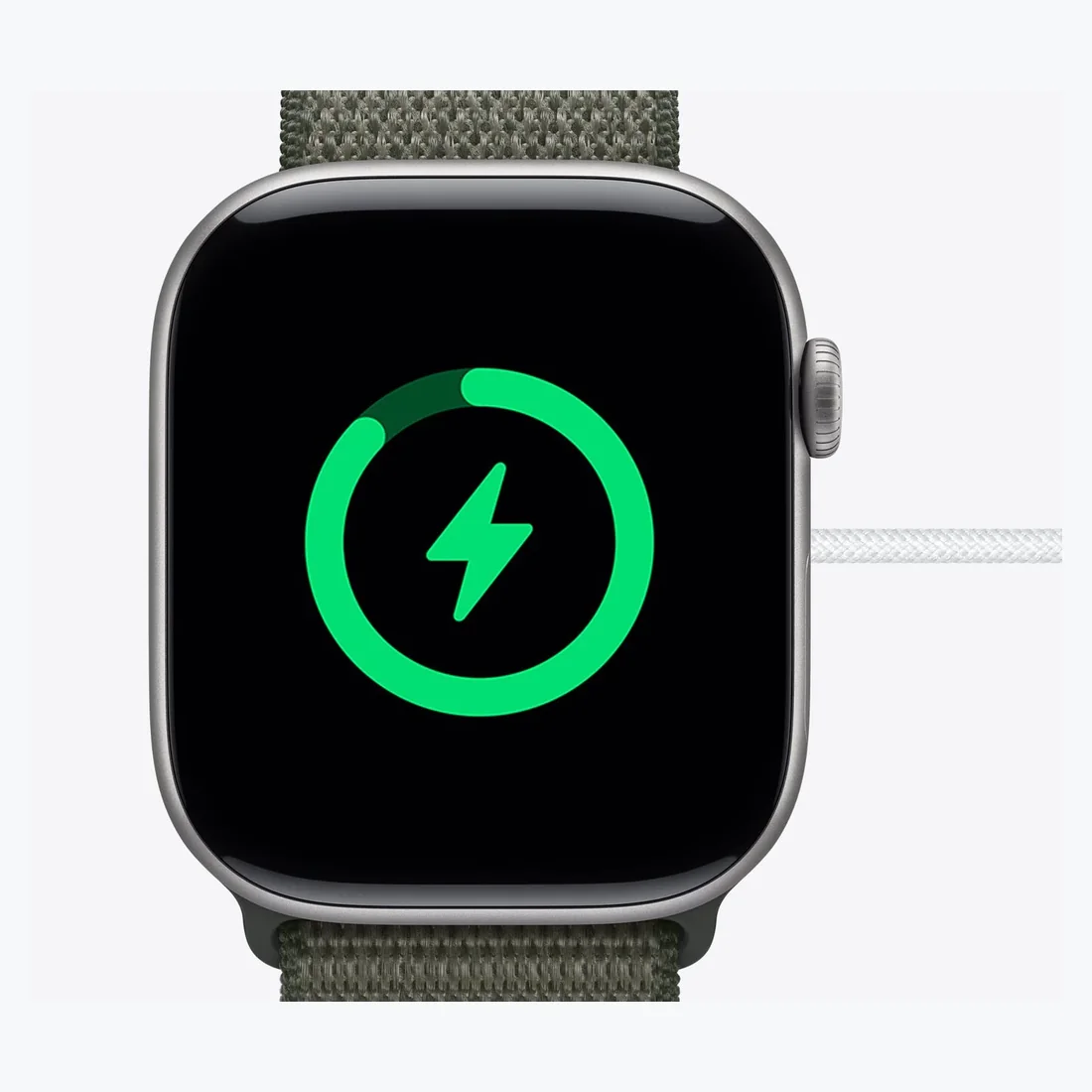 Imagen conceptual de un Apple Watch mostrando un indicador de carga verde