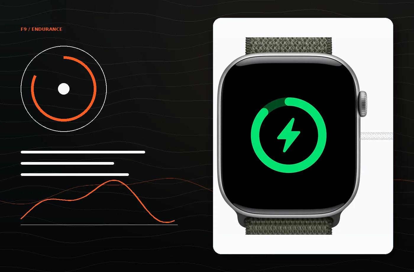 Composición conceptual sobre autonomía y carga de un Apple Watch para actividades de aventura