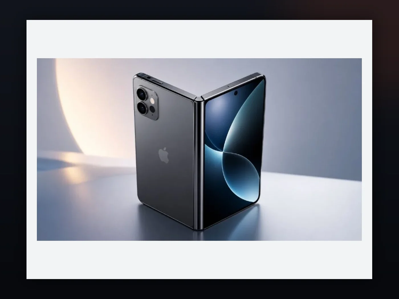 Render conceptual de un teléfono plegable tipo libro atribuido a rumores sobre un futuro iPhone