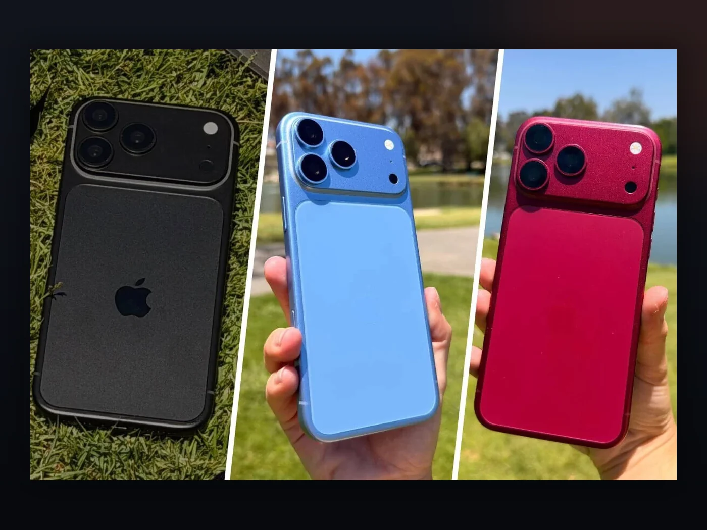 Tres unidades conceptuales atribuidas a posibles diseños del iPhone 18 Pro, en negro, azul y rojo